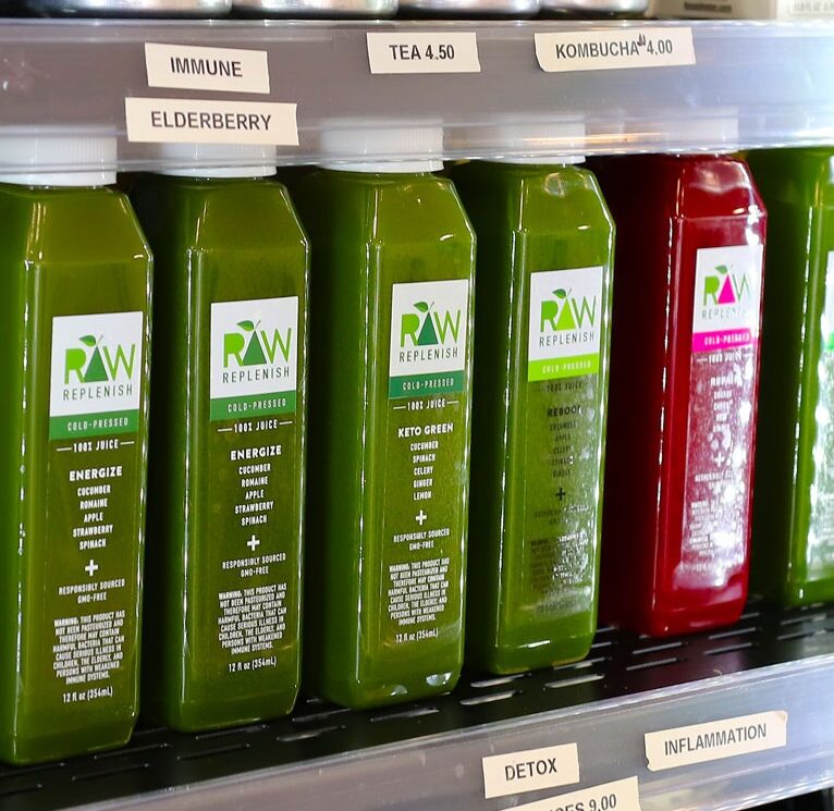 Raw Replenish Cold Pressed Juices on display